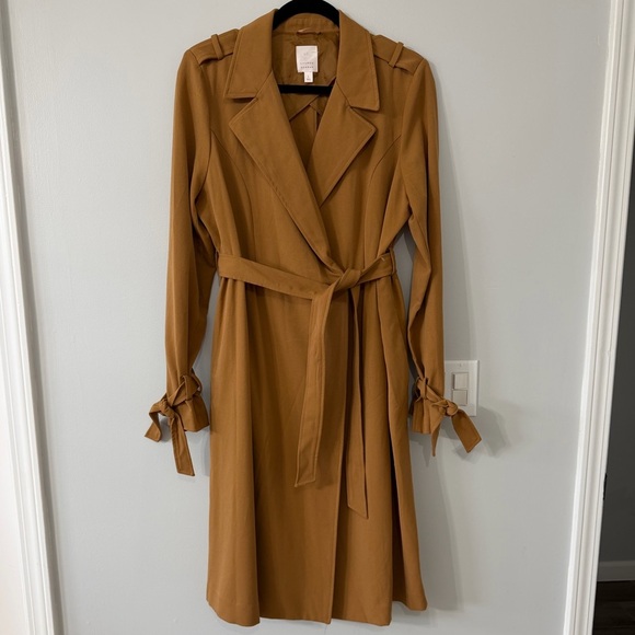 LC Lauren Conrad Dresses & Skirts - LC Lauren Conrad Camel Belted Trench Dress Pleated Tie Sleeve Pockets Size L